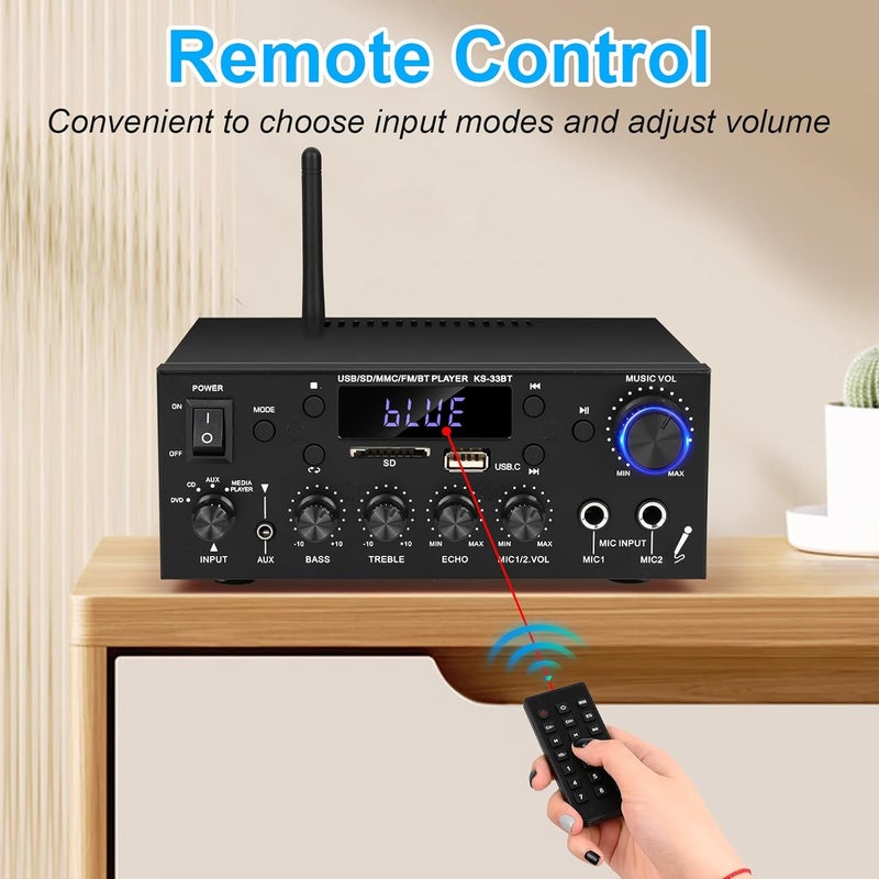 Romicta Romica Stereo Audio Amplifier, 2 Channel 500W Bluetooth 5.0 Home Theater Power Amplifier with FM, Echo, AUX, USB, SD, MIC Inputs, HiFi AMP for Passive Speakers and Active subwoofer - Image 5